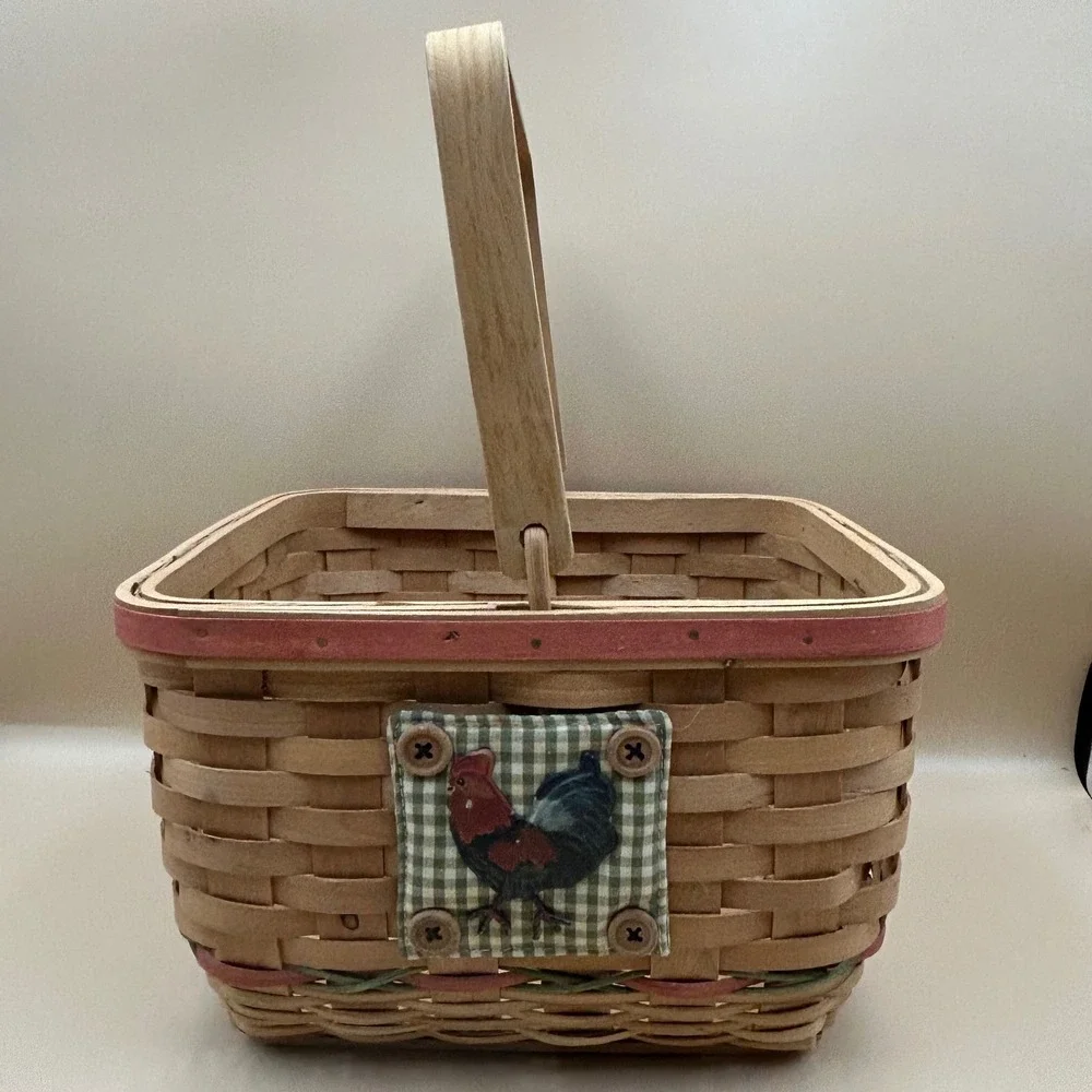 Vintage Farmhouse Woven Wood Basket with Rooster Patch and Swing Handle